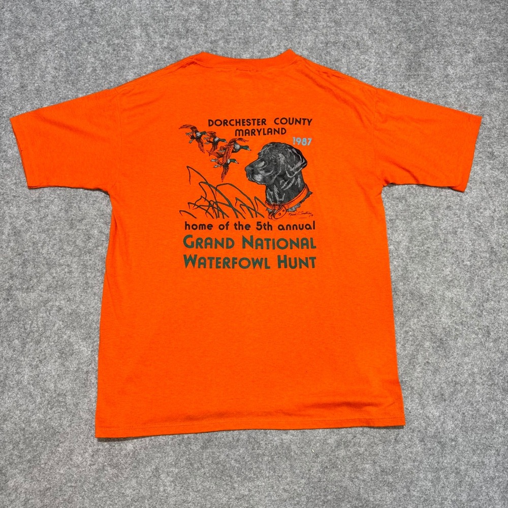 Vintage 1987 Grand National Waterfowl Hunt T-Shirt Orange XL Maryland Lab Duck